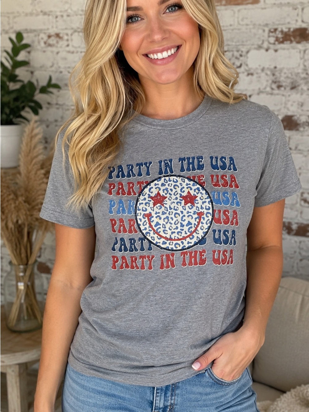 Party in the USA Grey Graphic Tee - Red & Blue Smiley